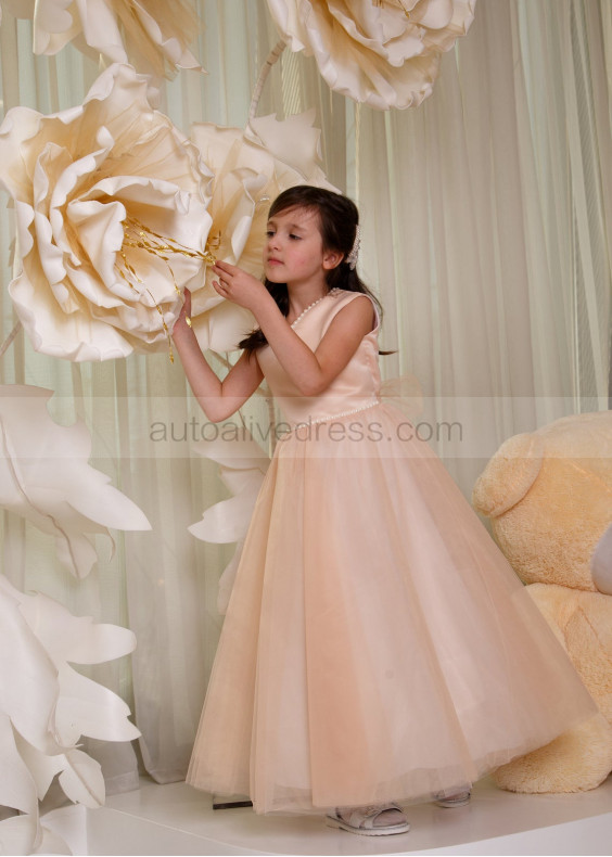 Pearl Neck Champagne Satin Tulle Ankle Length Flower Girl Dress